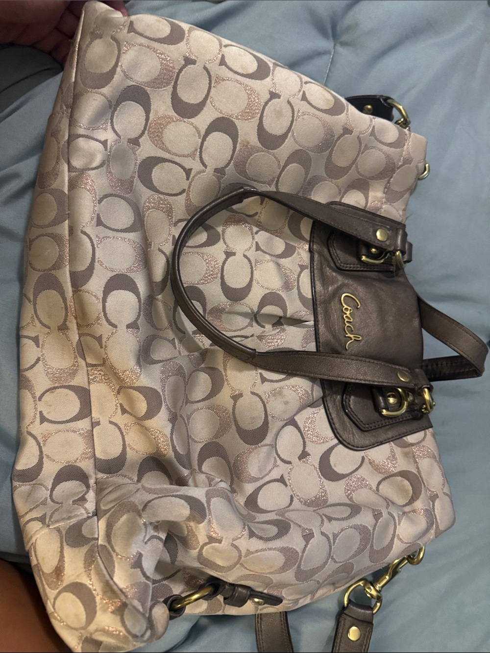 Coach Signature Tote in Light Pink and Taupe with Gold Hardware